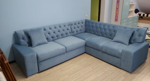 Перетяжка углового дивана на дому.  Медынь